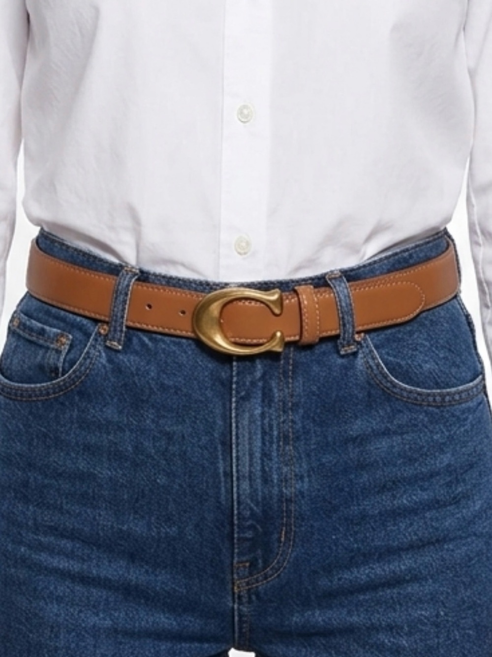 Tan Leather Belt with Gold Buckle - Picture 4 of 16